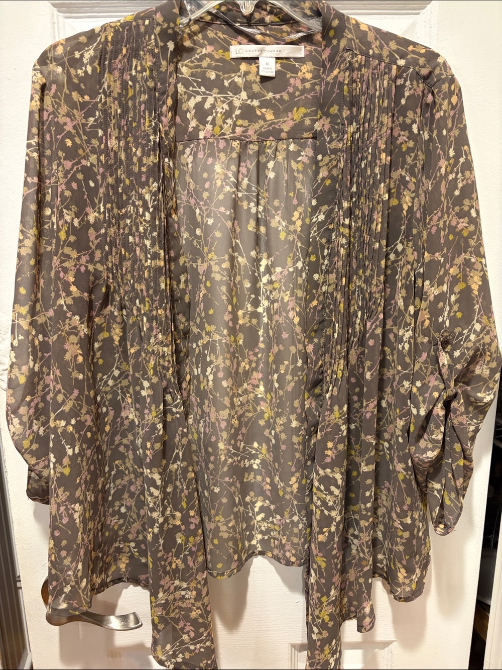 LC Lauren Conrad Brown Sheer Floral Open-Front Blouse